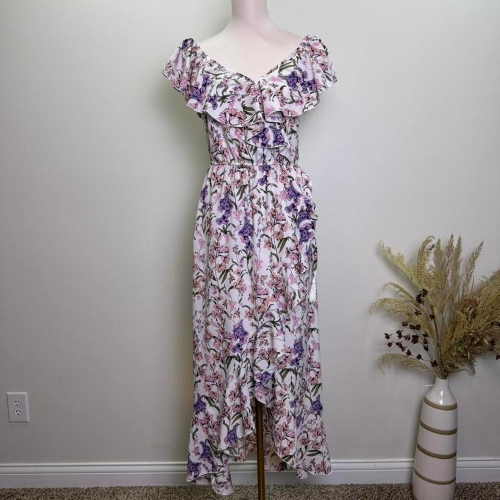 Charlotte Russe Size Medium Purple Floral Ruffle Surplice Maxi Dress